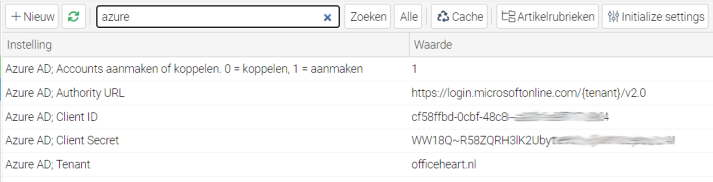Azure instellingen OfficeHeart